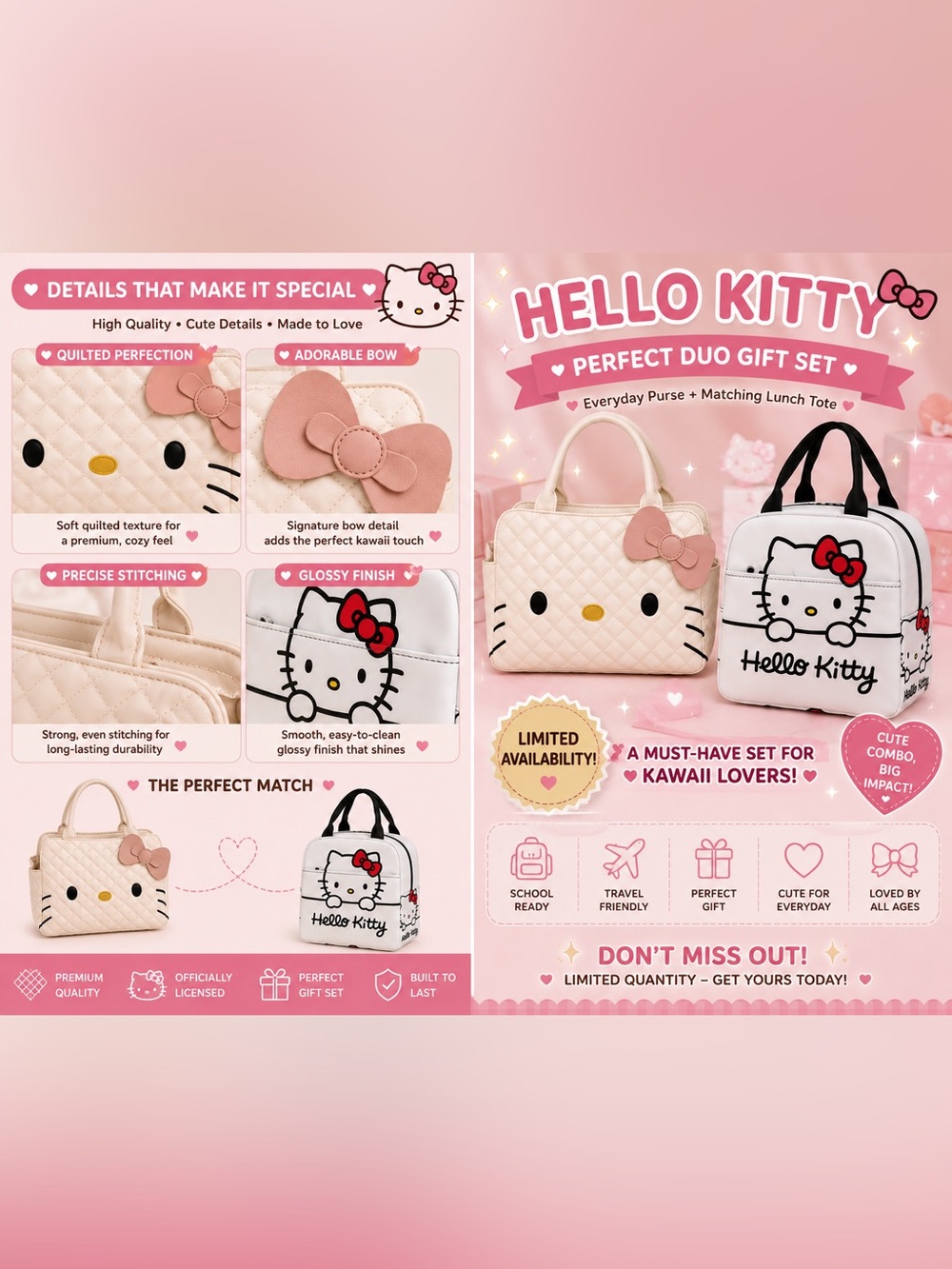Hello Kitty Cream & Pink Quilted Satchel with Matching White Lunch Tote - Picture 7 of 9